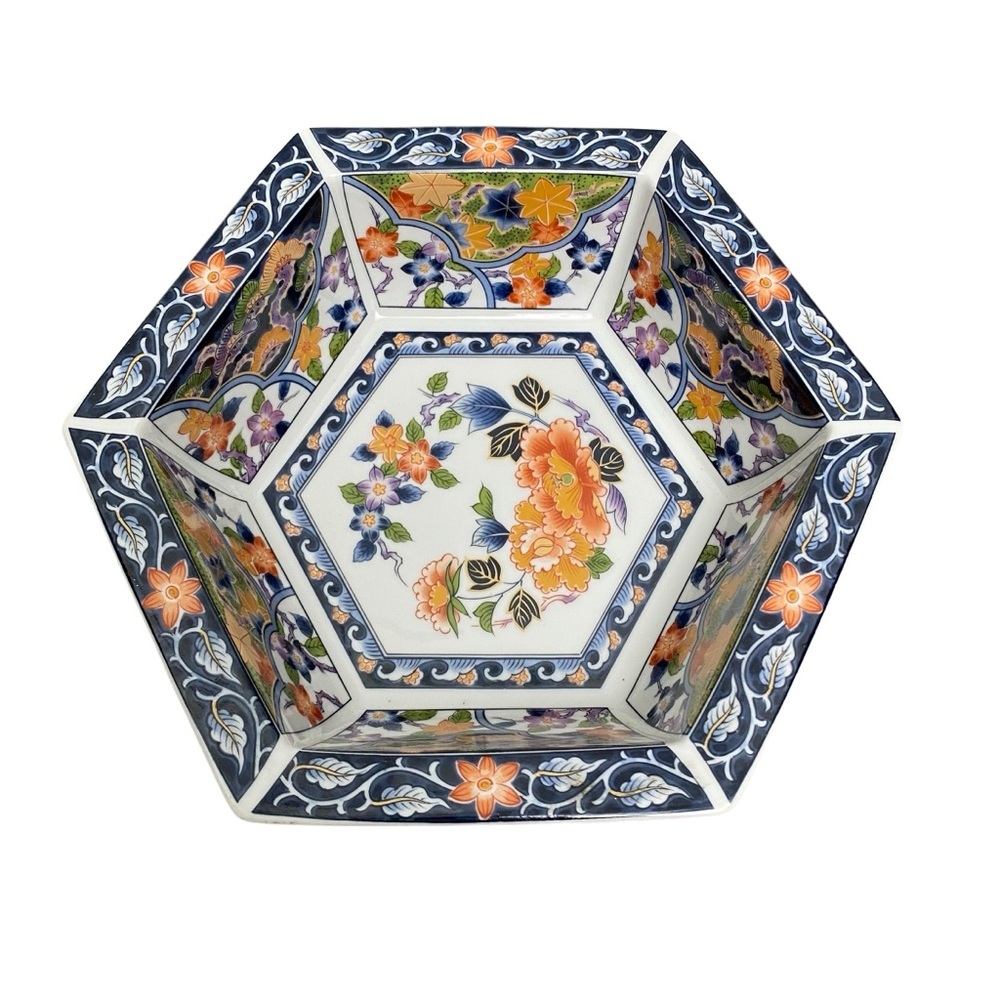 Vintage Imari Japanese Floral Hexagonal Serving Bowl China